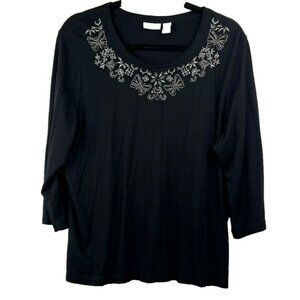 Chicos Weekends Top Size XL or 3 Solid Black Beaded Butterfly 3/4 Sleeve Stretch